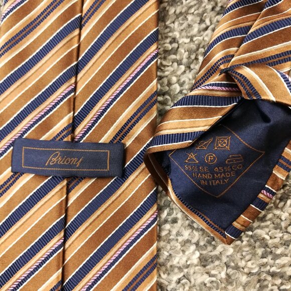 Brioni Neck Tie Silk Blend Brown Blue Striped 58.5L 3.75W - Picture 4 of 4